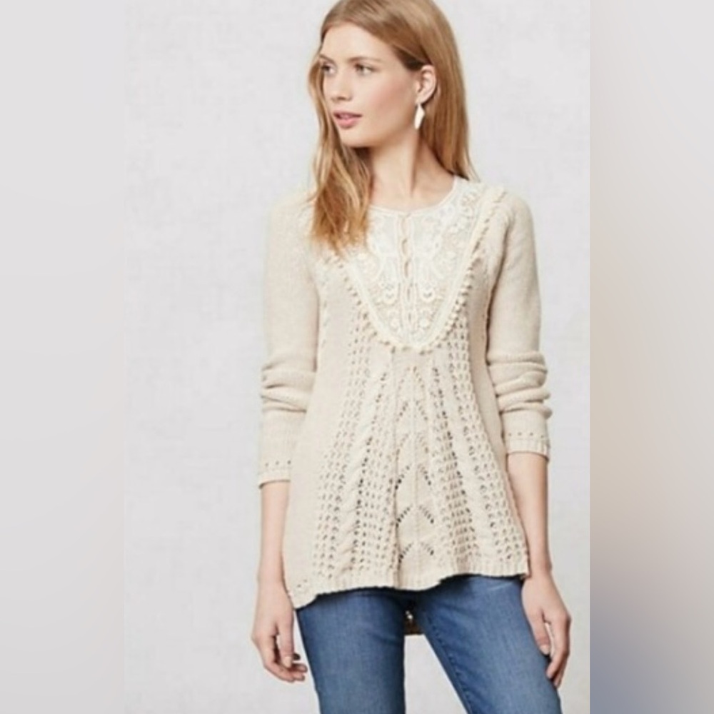Anthropologie Angel Of The North Lace Detail Cable Knit Sweater Beige Size Small